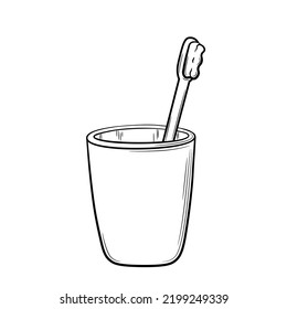 Hand drawn glass with toothbrush in doodle style. The subject of a daily routine for oral hygiene. Isolated vector illustration