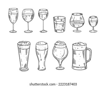 Hand drawn glasses cocktails and beer set. Black and white sketch style vector illustration. Design for menu bar, cocktails bar and cafe.