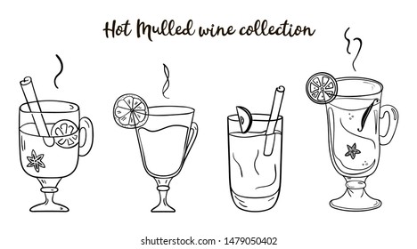 Hand drawn glasses of Hot Mulled wine collection with fruits and spices. Doodle outline vector illustration.