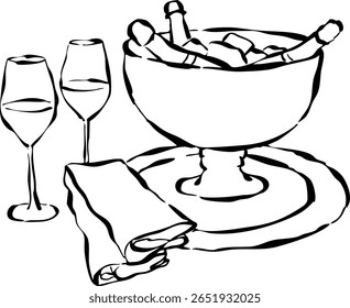 Hand drawn glasses and ice bucket. Drink illustration for invitations, stationery, or branding. Toast and celebration icon. Tablescape doodle.