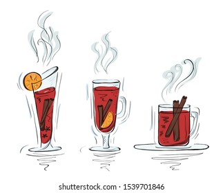 Hand drawn glasses with mulled wine, orange and cinnamon sticks. Isolated beverages. Colorful hot drinks.