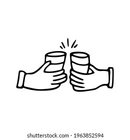 Hand drawn glasses on hands. Celebration doodle vector illustration. For greeting cards and seasonal design. Isolated on white background.