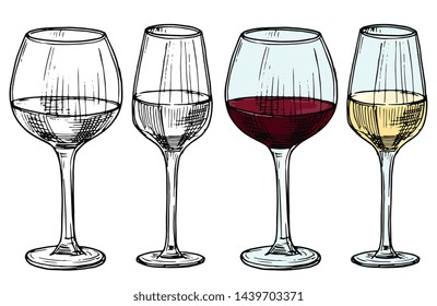 Hand drawn glasses with red and white wine vector illustration. Alcohol white and red drink wine, sketch beverage in wineglass