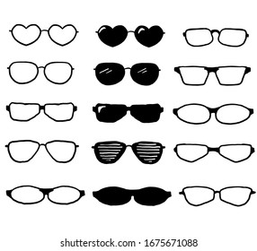 hand drawn glasses set, Summer eye wear sun protection sun glass. Fashion spectacles accessory. Plastic frame modern eyeglasses. Vacation item.doodle style vector