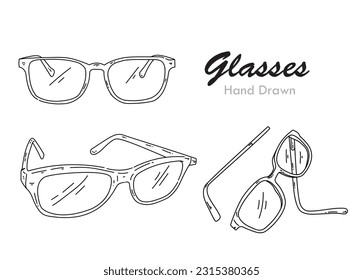 Hand drawn glasses with several different layouts. Front look. side view. and looks broken.
Optical shop, design illustration, vector, black and white.