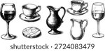 Hand Drawn Glassware Illustration Set – Retro Cups, Pitchers and Wine Glasses.