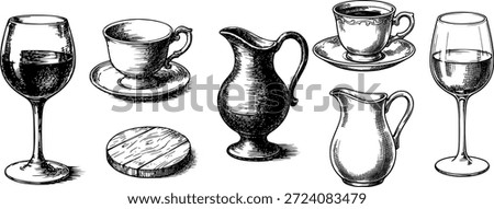 Hand Drawn Glassware Illustration Set – Retro Cups, Pitchers and Wine Glasses.
