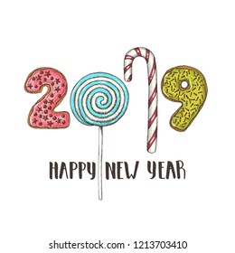 Hand drawn glazed colorful donuts-figures and lollipops 2019 isolated on white. Handwritten lettering "Happy New Year". Merry Christmas. Sketch. 