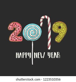Hand drawn glazed colorful donuts-figures and lollipops 2019 isolated on black. Handwritten lettering "Happy New Year". Merry Christmas. Sketch. 
