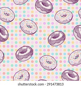 Hand drawn glazed donuts seamless vector background