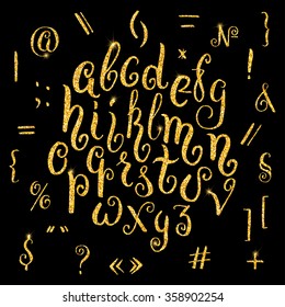 Hand drawn glitter golden alphabet in calligraphy brush. Vector illustration for your design