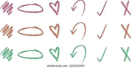 Hand drawn glitter shapes. Arrow, heart, wavy lines, brush stroke