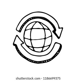Hand drawn globe and arrows internet doodle icon. Hand drawn black sketch. Sign symbol. Decoration element. White background. Isolated. Flat design. Vector illustration.