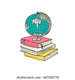 Hand drawn globe with books. Vector illustration