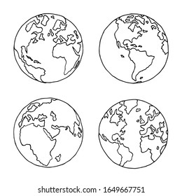 Hand drawn globe in four projections. Western and eastern, north and south hemispheres. Outline drawing of world map in black and white colors. Vector illustration in EPS8.