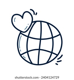 Hand drawn globe with heart doodle line illustration. globe with heart doodle icon vector.