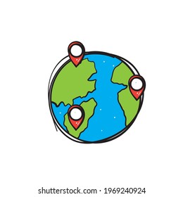 hand drawn globe and map pin icon symbol  for gps location illustration vector isolated