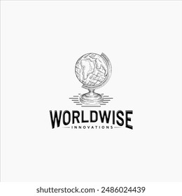 Handgezeichnete Globe auf der Standlogo-Vorlage. Handzeichnung Vektorgrafik Skizze monochrome Illustration.