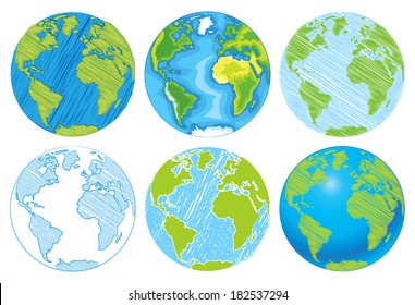 Hand Drawn Globe. Sketch Illustration Of Planet Earth. Vector Illustration. Isolated On White Background