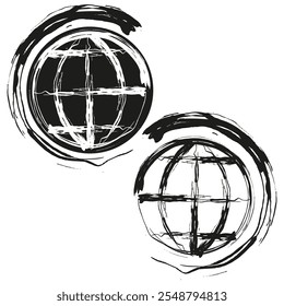 Globo dibujado a mano. Símbolo del mundo incompleto. Pinceladas grunge. Icono de Vector.