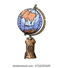 Vetor de globo desenhado à mão mostrando continentes da terra em um estilo antigo, simbolizando exploração, aventura, geografia e comunicação global em um fundo branco