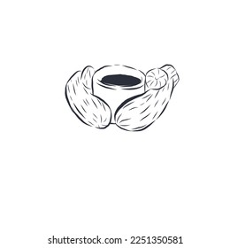 Hand drawn gloved hands holding a mug with coffee vector line sketch.