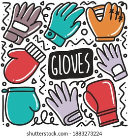 conjunto de doodle de guantes dibujados a mano con iconos y elementos de diseño