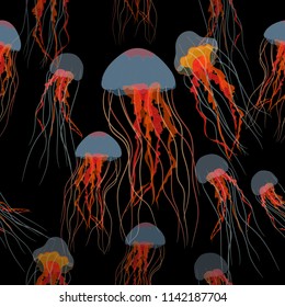 Hand drawn glowing of Blue Jellyfish seamless on Black Background, Seamless textile pattern print, eps 10 vector