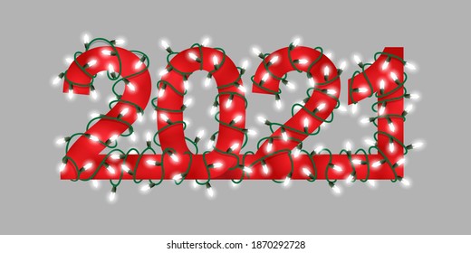 Hand drawn glowing festive garland text numbers 2021 illustration - Happy New Year. - stock vector