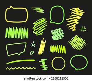 Handgezeichnet leuchtende Neonelemente auf Schwarz. Reihe von Meinungs- und Redeblasen. Zeichen und Symbole. Abstrakte, einfache Formen. Freehand Art