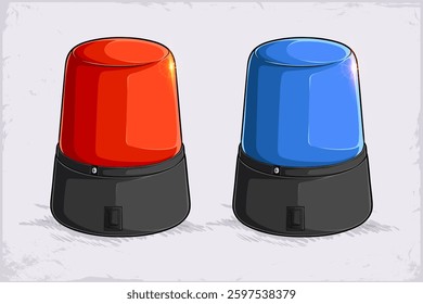 Hand drawn glowing police red and blue sirens, set of police flashers alert for chasing thieves and emergencies