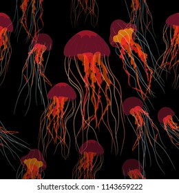 Hand drawn glowing of purple Jellyfish seamless on Black Background, Seamless textile pattern print, eps 10 vector