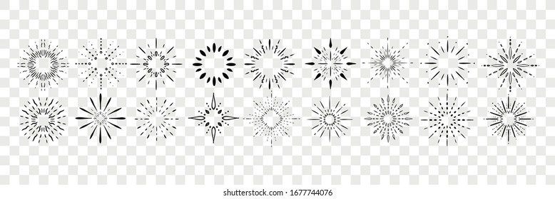 Hand drawn glows, rays doodle set collection. Doodles. Pen or pencil hand drawn glows, rays, fireworks. Sketch of different flashes and bangs isolated on transparent background. Vector illustration