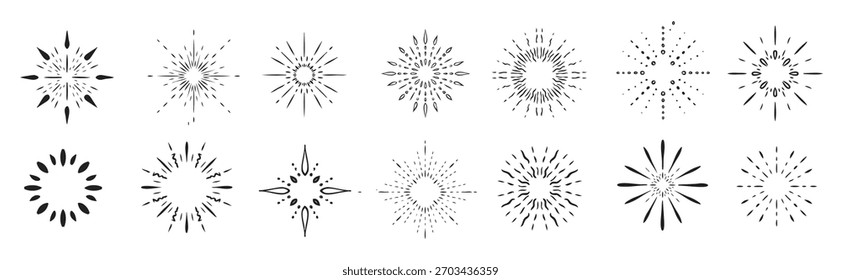 Brilhos desenhados à mão, raios rabiscar conjunto coleção. Rabiscos. Brilhos, raios, fogos de artifício, desenhados à mão à caneta ou a lápis. Esboço de diferentes flashes e estrondos isolados no fundo transparente. Ilustração vetorial