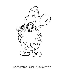 hand drawn gnome with ballon. Outline figure. Vector