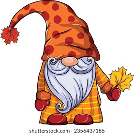 Hand drawn gnomes in autumn holding maple leaf