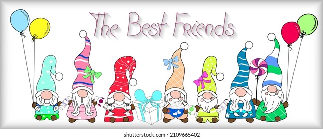 Hand drawn gnomes and lettering best friends. Background, banner, poster, invitation, greeting card, wallpaper, print for International Friendship Day. Vector illustration.