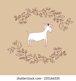 Hand drawn goat and branches. Design element for goat milk products. 