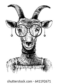 Hand drawn goat hipster. Summer time vector portrait