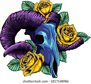 Hand Drawn goat skull with roses doodle vector illustration.
