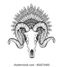 Hand Drawn Goat Skull in zentangle Feathered War bonnet, high detailed headdress for Indian Chief. American boho spirit. Vintage sketch, vector illustration for tattoos, t-shirt print.