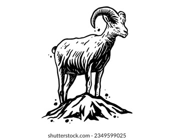 HAND DRAWN GOAT IN TOP MOUNTAIN ILLUSTRATION 