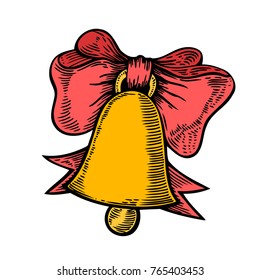 Hand drawn gold bell with red bow. Christmas plant retro vintage style. Romantic Christmas illustration. Greeting card design. new year mistletoe. Winter template.
