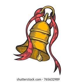 Hand drawn gold bell with red bow. Christmas plant retro vintage style. Romantic Christmas illustration. Greeting card design. new year mistletoe. Winter template.