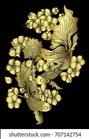 Hand drawn Gold beta fish and sakura vector on black background.Traditional Japanese culture for printing on background.