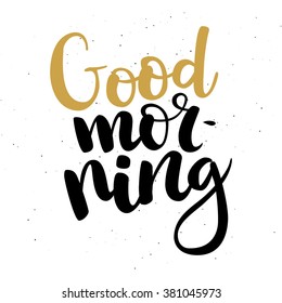 Hand drawn gold and black brush lettering "Good morning" on white  background. Vector. Easy to edit
