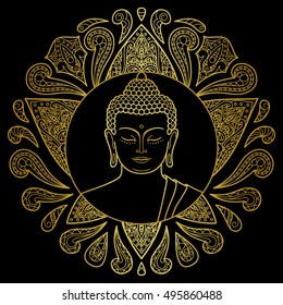 Hand drawn gold Buddha head with lotus decoration. Sign for tattoo, textile print, mascots and amulets.