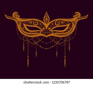 Hand drawn gold carnival mask on the dark background. Isolated illustration. 