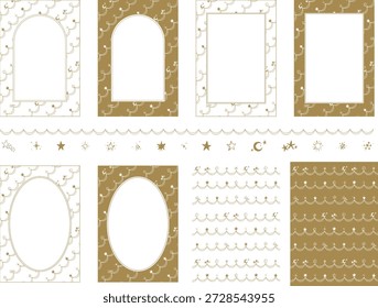 Hand drawn gold celestial frame and border set with stars and crescent moon vertical A4 background