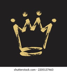 Hand drawn gold crown in grunge sketch style on black background